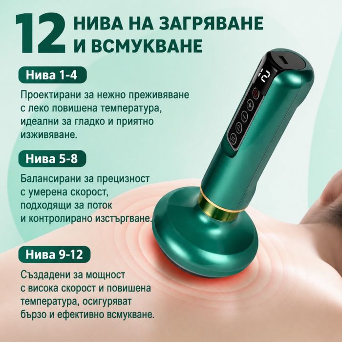Антицелулитен вакуумен масажор за тяло с вендузи загряване и 12 нива на засмукване