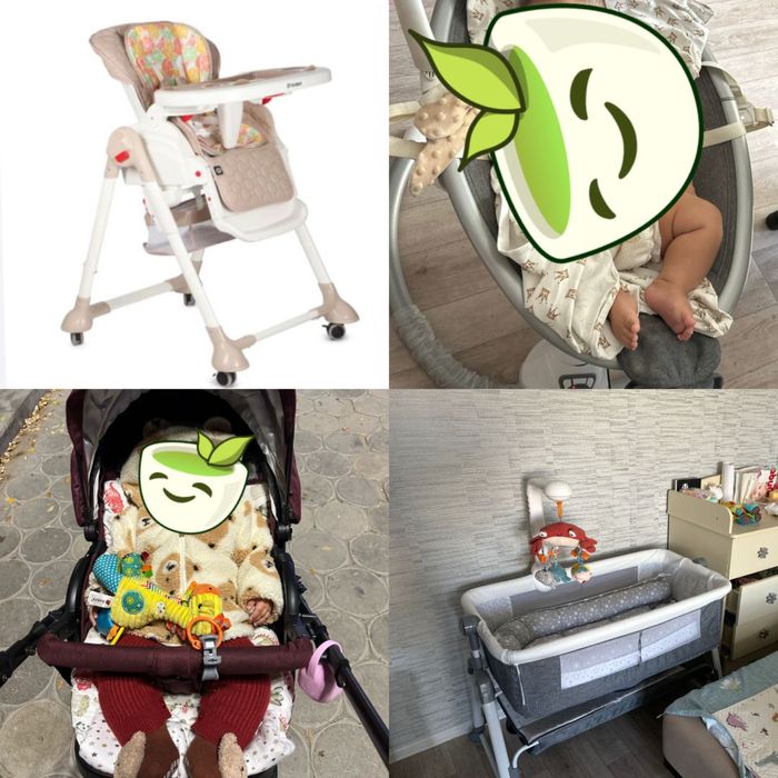 Продаю приставная кроватка, шезлонг, стул для кормления,коляска