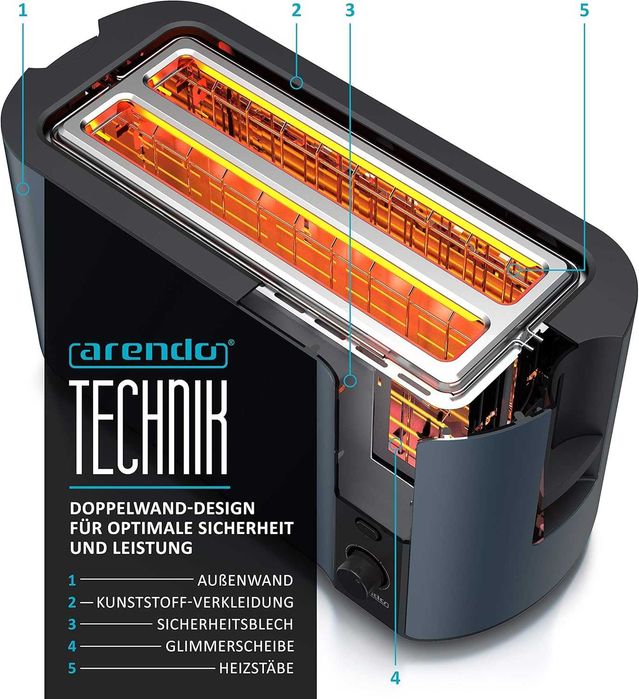 Тостер от неръждаема стомана Arendo, дълъг отвор, 4 филийки,
