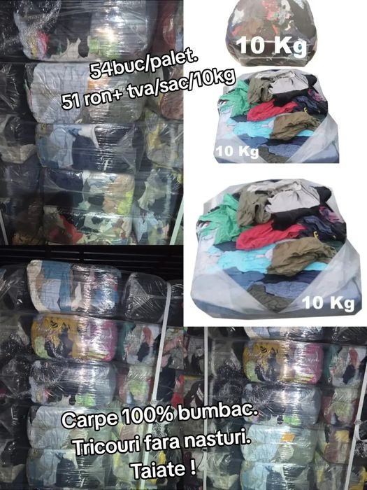 Carpe bumbac sac 10kg.Lavete Bumbac pretaiate fara nasturi.Doar tricouri si bumbac.54 saci/palet.Pret/sac livrare la palet!