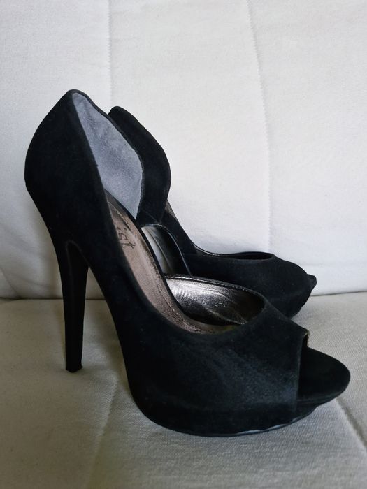 pantofi platforma, negri din piele intoarsa