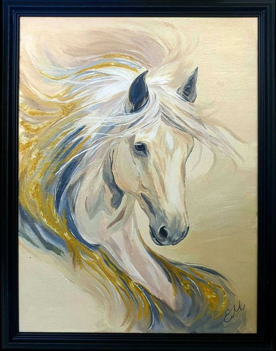 Оригинална картина с бял кон – маслени бои върху платно