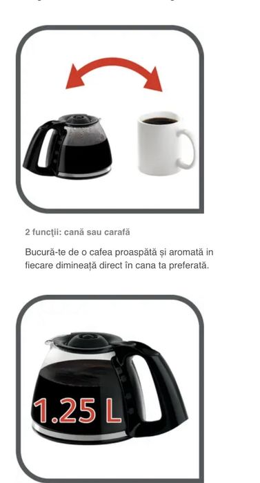Cafetiere Tefal Subito Mug, 1000W, functie o cana sau 10 cesti cafea.