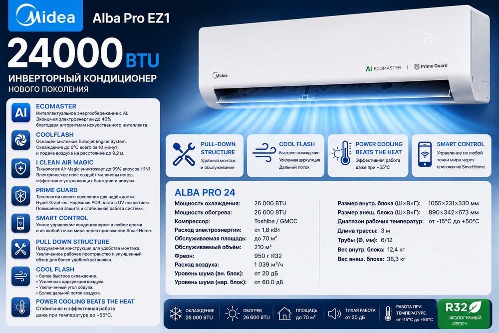 Кондиционер Midea Alba (Pro) AI EZ1 | 24000 btu/h | Новинка 2026г.