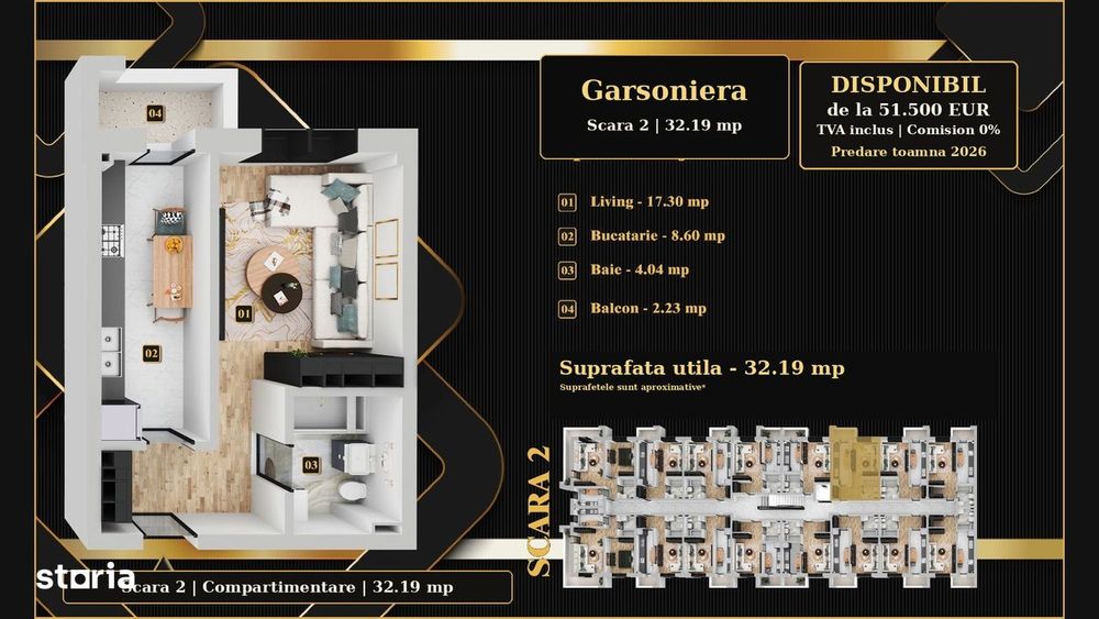 Zona linistita, Garsoniera 32,19mp, 51.500€, direct dezvoltator