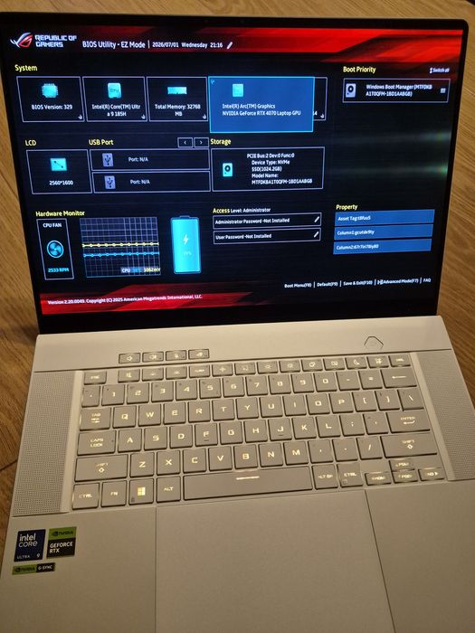 Laptop ASUS ROG Zephyrus G16 OLED GU605MI-QR137, Intel Core Ultra 9 185H, 16" WQXGA, 32GB, SSD 1TB, NVIDIA GeForce RTX 4070 8GB