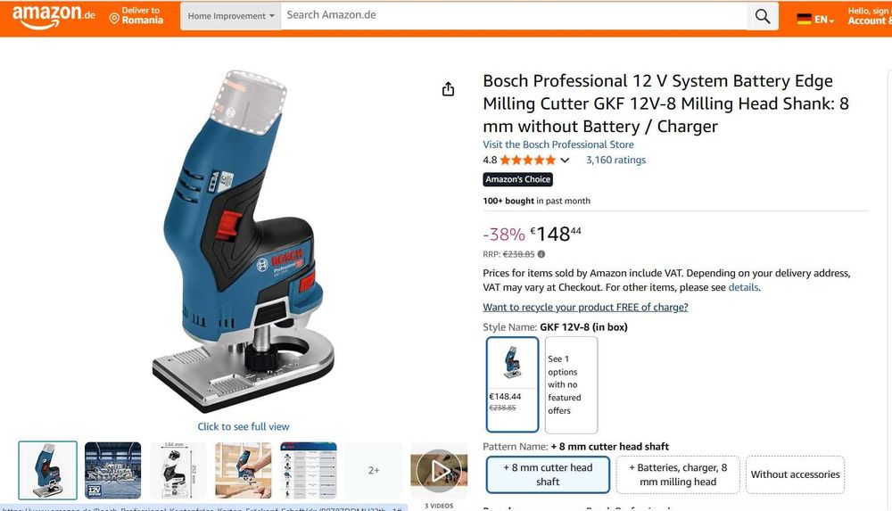 Masina de frezat Bosch GKF 12V-8 (06016B0002) - pentru piese