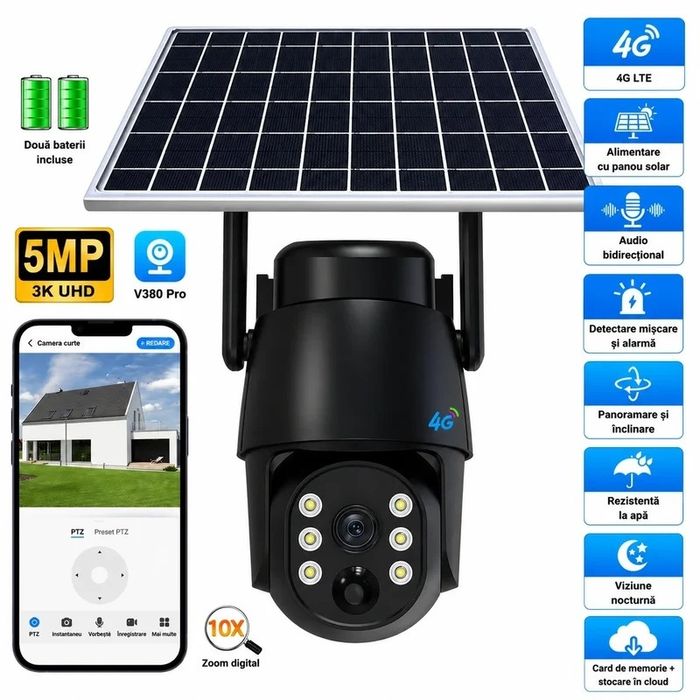 Camera de supraveghere 4G cu panou solar 5MP senzor miscare cartela zoom urmarire oe telefon, neagra