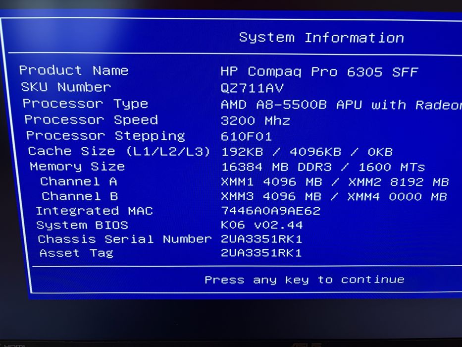 Calculator HP Compaq Pro 6305 SFF A8-5500B ; 8 gb ddr3 , windows