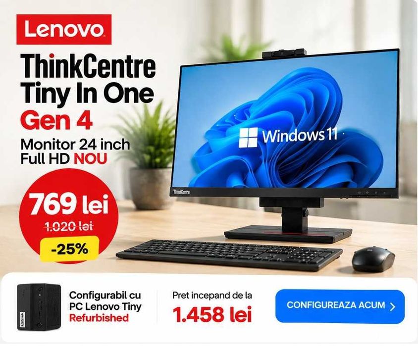 Lenovo ThinkCentre Tiny In One Gen 4, Monitor 24 inch Full HD NOU, Configurabil cu PC Tiny Refurbished - Garantie 3 ani Windoes 10/11 pro