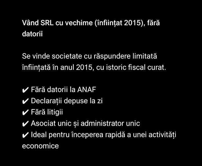 Vand Firma Infiintata in 2015 fara activitate
