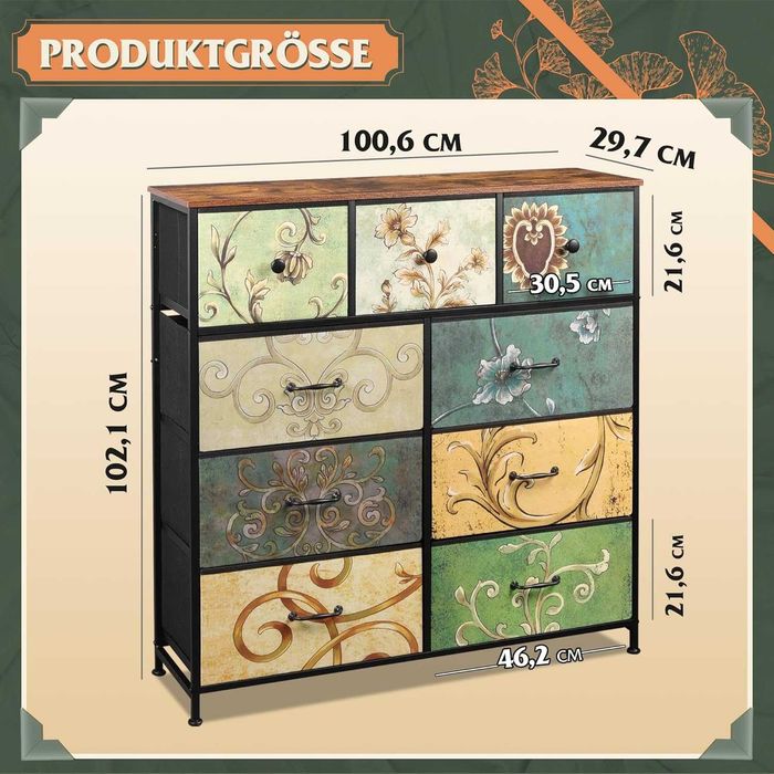 Скрин от плат с 9 чекмеджета, здрава стоманена рамка, Винтидж принт