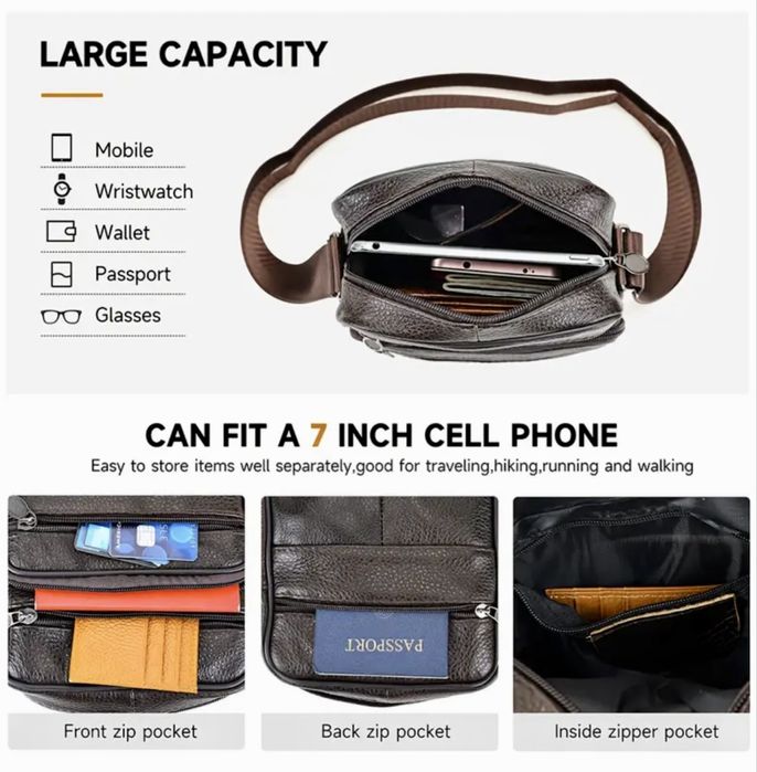 Мъжка универсална кожена чанта/Практична и удобна с черна естест. кожа