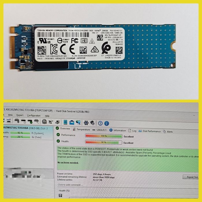 Ssd 256gb Toshiba m2 nvme testat 92% health 100% performance