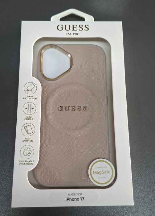 Оригинален гръб GUESS за iPhone 17 с вграден MagSafe за безжично зареждане кожен стилен кейс  издаден при камерата за по добра защита  за айфон 17