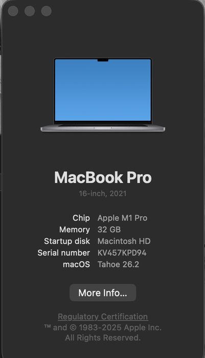 MacBook Pro M1 Pro 16" - 32Gb RAM 512Gb - display spart