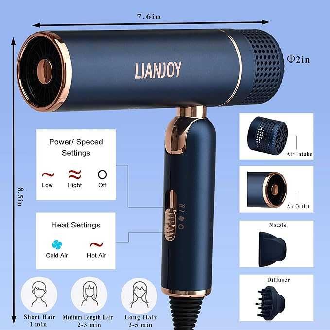 LIANJOY Професионален сгъваем сешоар с отрицателни йони 1600W