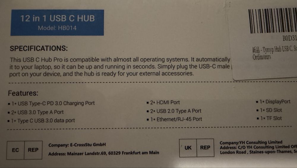 USB TYPE-C HUB 12-in-1 compatibil macbook, imac, ipad pro, surface etc