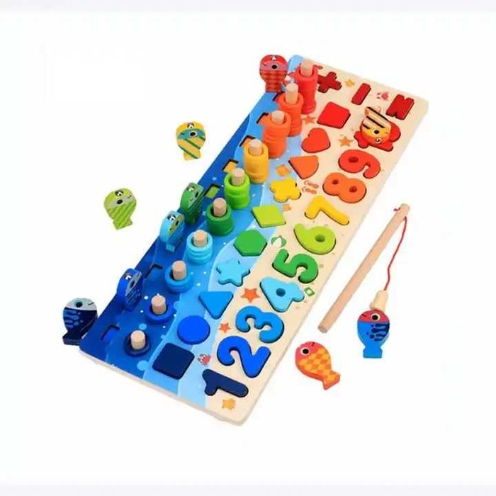 Дървена детска образователна игра Монтесори с цифри, форми и магнит
