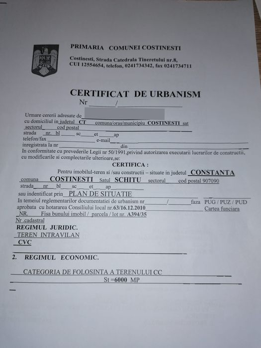 Teren intravilan in Costinesti cu deschidere la drumul principal