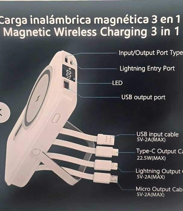 baterie externa 20000 mAh cu incarcare wireless si diferite mufe usb