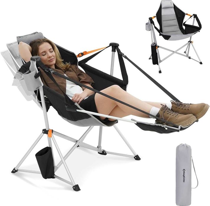 KingCamp Къмпинг люлеещ се стол, къмпинг хамак с поставка за крака