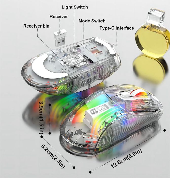 Mouse Gaming Wireless Transparent RGB, 500 mAh, Bluetooth, 2.4 GHz, USB-C