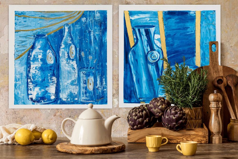 Set 2 tablouri pictate pe panza pe rama, culori acrilice, 40 x 40 cm