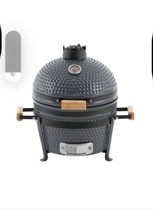 Gratar gradina cu carbuni, fix, din ceramica + inox, 55 x 55 cm, Landmann Kamado 572, cu capac, cu ceas de temperatura, 2 niveluri de gatit