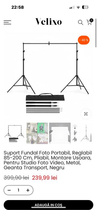 Set suport fundal pt studio, nou sigilat, trepiede+traversa+cleme+husa.