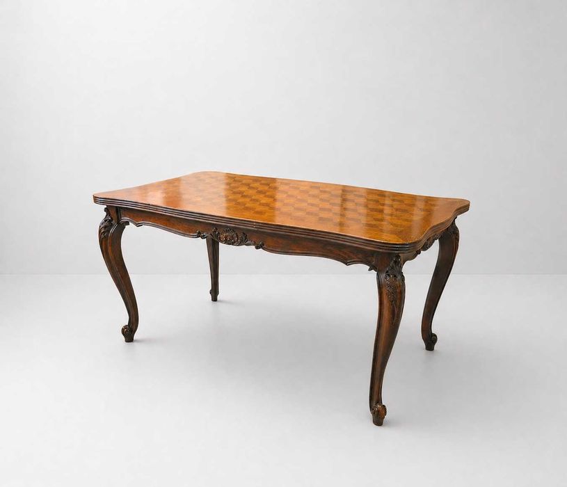 Изящна трапезна маса с опция разтягане - масивен дъб с интарзия в стил "ЛУИ XV"