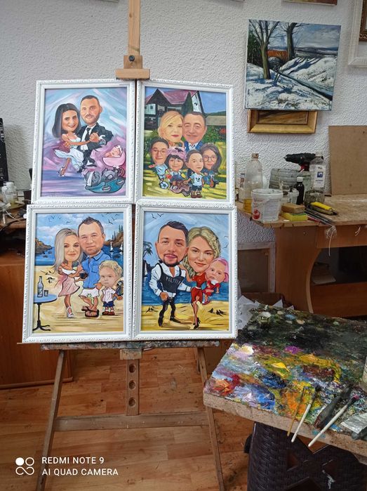 Portrete la comanda,caricaturi pictate manual(NU DIGITALE) ulei pinza