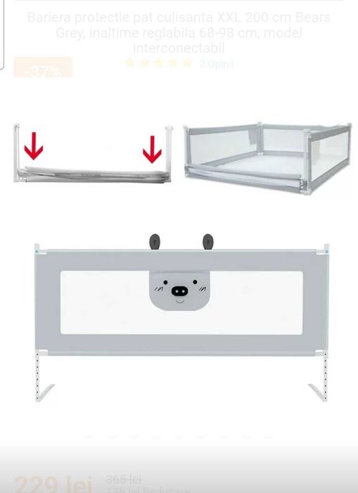 Bariere protectie pat culisante XXL 160 cm si 200 cm Bears Grey, inaltime reglabila 68-98 cm