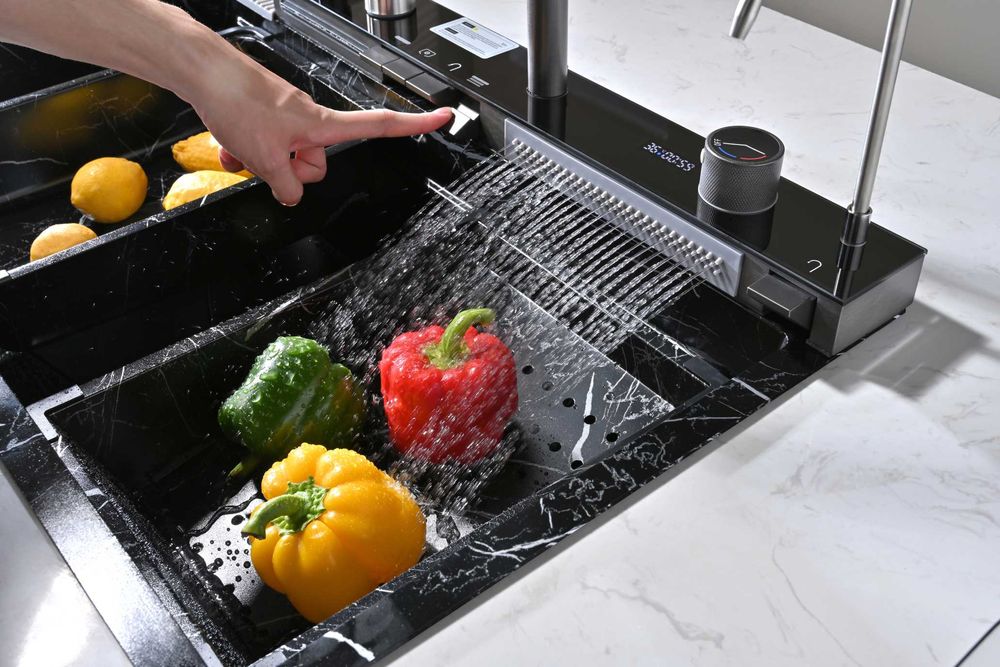 Черен мрамор - Мултифункционална кухненска мивка с двоен водопад