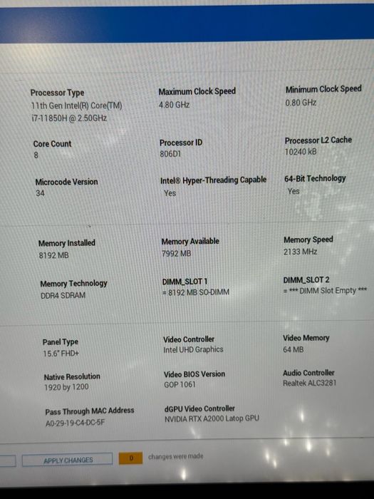Dell Precision 5560 i7-11850H , nVidia RTX A2000 , i7 gen 11