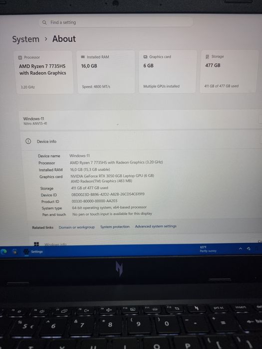 Noble Amanet - Acer Nitro V15, Ryzen 7 7735HS, 16GB, RTX3050 6GB, 512GB
