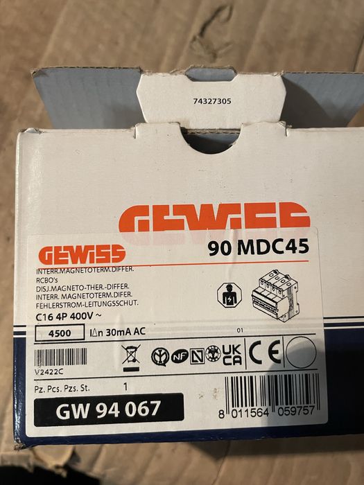 GEWISS GW94067 (90 MDC45) – întreruptor automat diferențial (RCBO) 4P, C16, 30 mA, 400 V, 4,5 kA