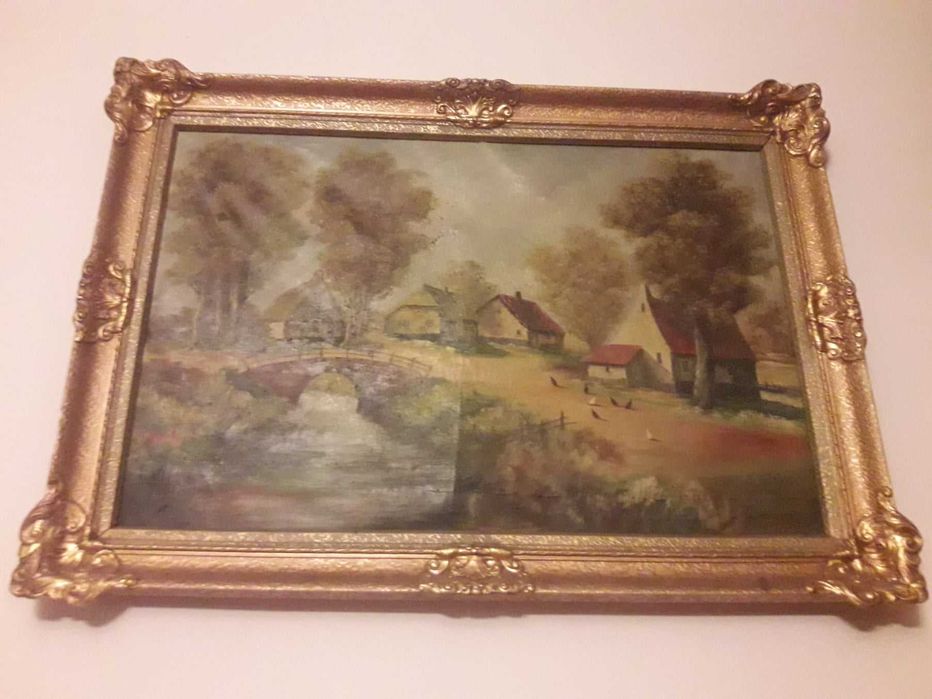 Tablou pictura pe panza semnat rama din lemn deosebita vintage