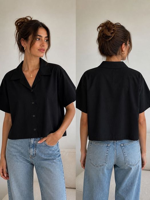 Стилна дамска риза Crop Fit - oversize модел  в черно и циклама
