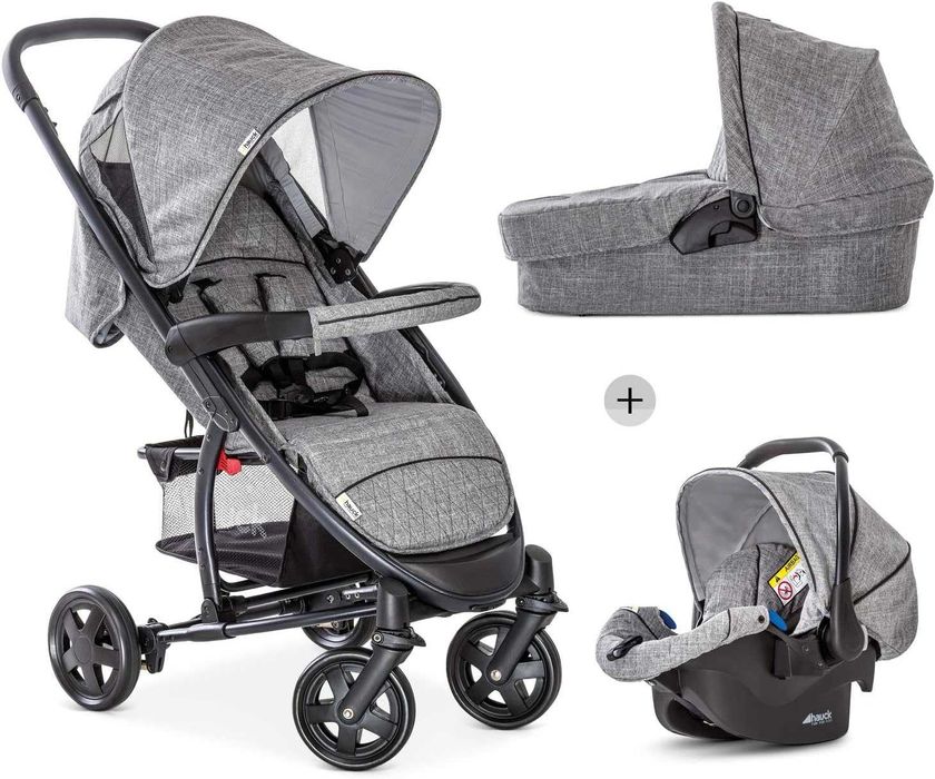 3 в 1 Бебешка Количка - Hauck Malibu 4 Trio Set H-14608 Столче за Кола и Кош за Новородено, Сива!