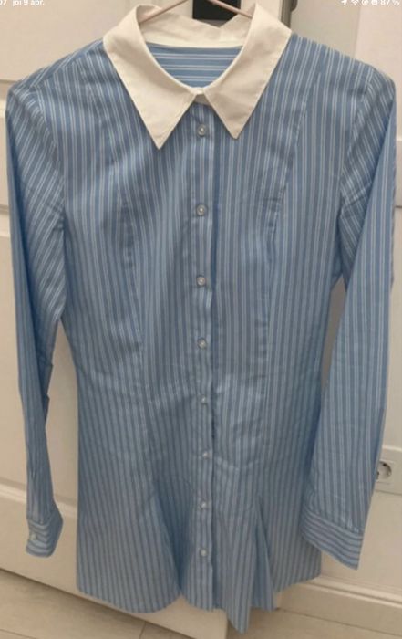 Rochie tip cămașă cu dungi - Guler contrastant & Pliuri - Stil Office/Casual