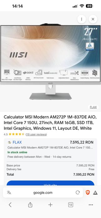 All-in-One 27 inch MSI Modern AM272 Alb, impecabil, ideal birou/home office".