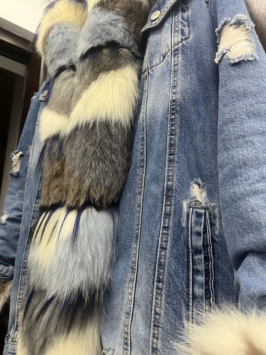 Geaca Dilvin Denim cu Blana Naturara de Vulpe- Detaşabilă