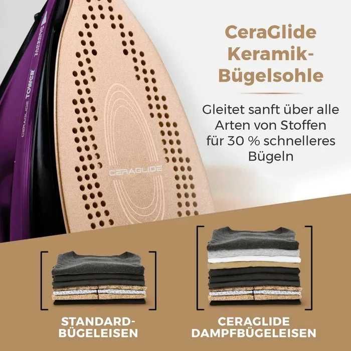 Tower T22008 CeraGlide Безжична Парна Ютия, Керамична, лек ДЕФЕКТ