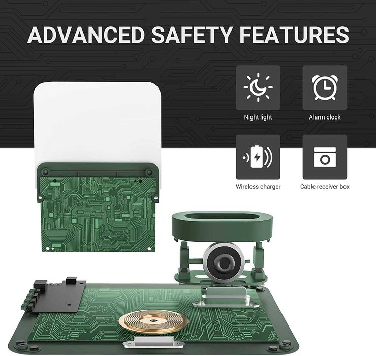 Безжична зарядна станция, 3 в 1, будилник с зареждане, нощна лампа