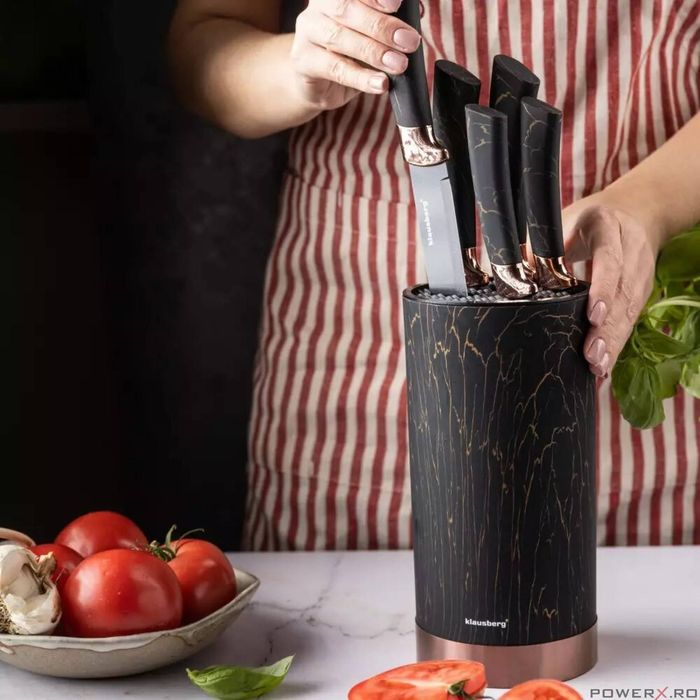 Cutite de bucatarie cu suport, set de 5, negre, cu model maro,