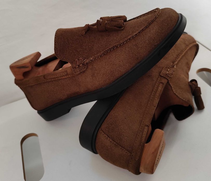 Pantofi loafer 40 tassel premium ZARA NOI piele naturala suede moale