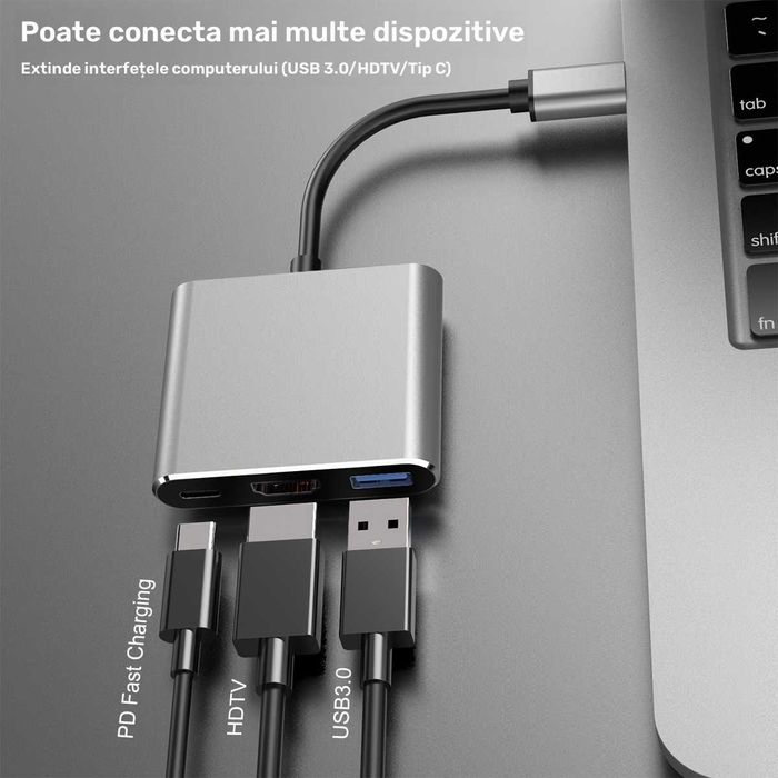 3in1 adaptor USB-C la HDMI 4K + USB 3.0 + USB-C pentru telefon laptop