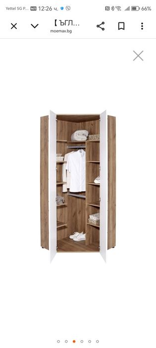 Ъглов гардероб Авенсис Ню – тъмен дъб крафт / бял гланц – 86.5/86.5/20