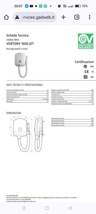 Uscător de păr de perete VORTICE VORTDRY profeional1000